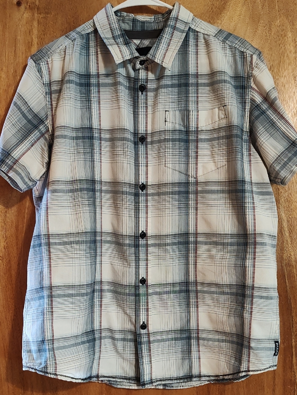 prAna Mens Tamrack Organic Cotton Blend Shirt Blue Plaid Contrast Stitch India L